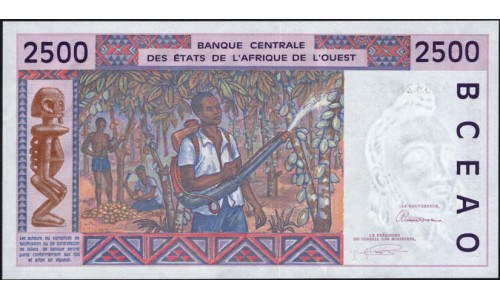Того 2500 франков 1993 (TOGO 1000 francs 1993) P812Tb: UNC
