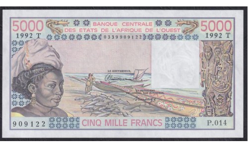 Того 5000 франков 1992 года, T 909122 (TOGO 5000 francs 1992) P 808Tm: UNC
