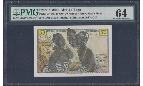 Того 50 франков 1956 года (TOGO 50 francs 1956) P45: UNC 64 PMG