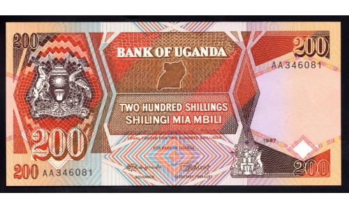 Уганда 200 шиллингов 1987 г., Серия АА (UGANDA 200 shillings 1987) P 32а: UNC