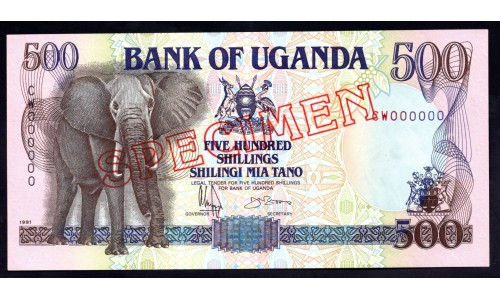 Уганда 500 шиллингов 1991 г.,  Specimen(UGANDA 500 shillings 1991,  Specimen) P 33s: UNC