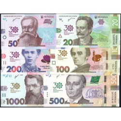 Украина, полный комплект "30 лет независимости", 20, 50, 100, 200, 500, 1000 гривен 2021 (UKRAINE set of 6 banknotes, "30 years of independance" 2021) : UNC