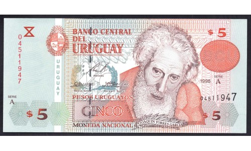 Уругвай 5 песо 1998 г. (URUGUAY 5 Pesos Uruguayos 1998) P80:Unc