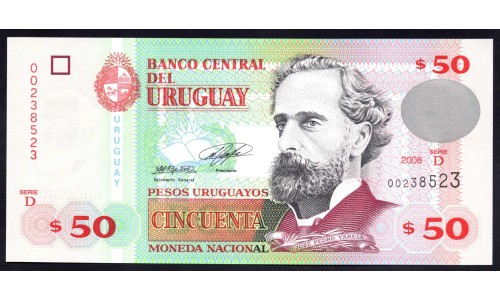 Уругвай 50 песо 2008 г. (URUGUAY 50 Pesos Uruguayos 2008) P87а:Unc