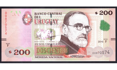 Уругвай 200 песо 2015 г. (URUGUAY 200 Pesos Uruguayos 2015) P96:Unc