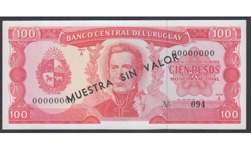 Уругвай 100 песо 1967 года, Образец! Реальный РАРИТЕТ!!! (URUGUAY 100 Pesos 1967, MUESTRA) P47: UNC