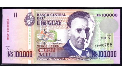 Уругвай 100000 песо 1991 г. (URUGUAY 100000 Nuevos Pesos 1991) P71:Unc