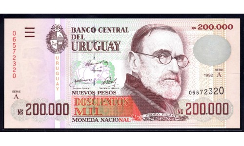 Уругвай 200000 песо 1992 г. (URUGUAY 200000 Nuevos Pesos 1992) P72:Unc