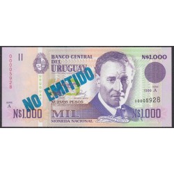 Уругвай 1000 новых песо 1989 года, Синяя надпечатка (URUGUAY 1000 Nuevos Pesos 1989) P67A: UNC