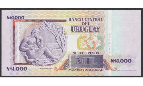 Уругвай 1000 новых песо 1989 года, Синяя надпечатка (URUGUAY 1000 Nuevos Pesos 1989) P67A: UNC
