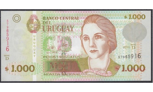 Уругвай 1000 песо 2011 года (URUGUAY 1000 Pesos Uruguayos 2011) P91c: UNC