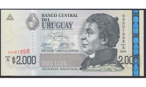 Уругвай 2000 песо 2003 года (URUGUAY 2000 Pesos Uruguayos 2003) P92: UNC