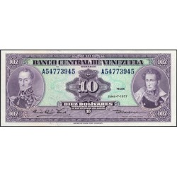 Венесуэла 10 боливаров 1977 года, префикс A (Venezuela 10 Bolivares 1977, Prefix A) P 51f: UNC