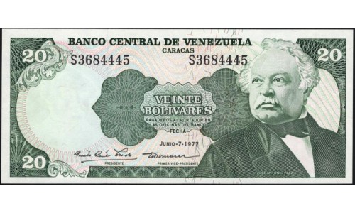 Венесуэла 20 боливаров 1977 года, литера S (Venezuela 20 Bolivares 1977, prefix S) P 53b: UNC