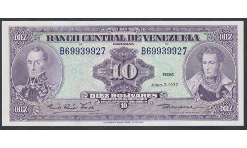 Венесуэла 10 боливаров 1977 года, префикс B (Venezuela 10 Bolivares 1977, Prefix B) P 51f: UNC
