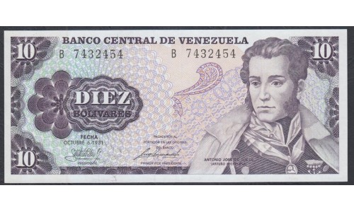 Венесуэла 10 боливаров 1981 года, семизначный номер (Venezuela 10 Bolivares 1981, 7 digit serial) P 60: UNC