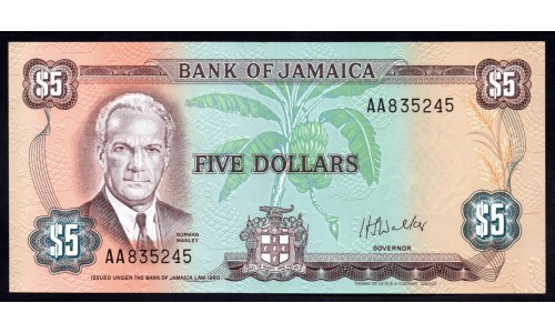Ямайка 5 долларов 1960 (1976) серия АА (JAMAICA 5 Dollars 1960 (1976) series AA) P 61b : UNC