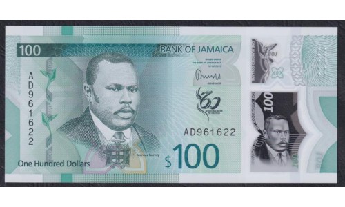 Ямайка 100 долларов 2022 года, 60 лет Независимости, Полимер (Jamaica 100 Dollars 2022) P W97: UNC
