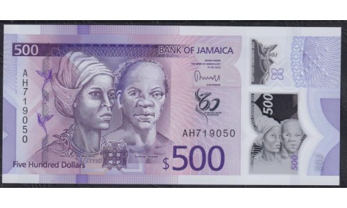 Ямайка 500 долларов 2022 года, 60 лет Независимости, Полимер (Jamaica 500 Dollars 2022, Polymer) P W98: UNC