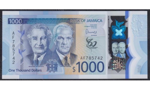 Ямайка 1000 долларов 2022 года, 60 лет Независимости, Полимер (Jamaica 1000 Dollars 2022) P W99: UNC