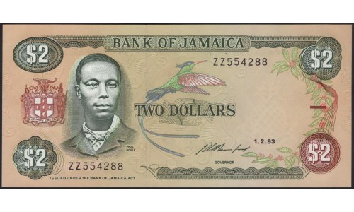 Ямайка 2 доллара 1993 замещение (Jamaica 2 Dollars 1993 replacement) P 69e : UNC