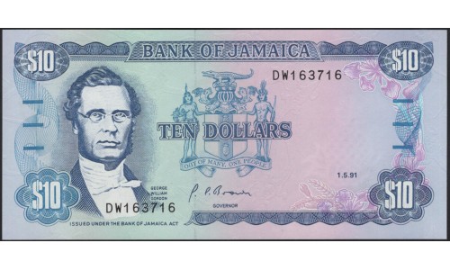 Ямайка 10 долларов 1991 (Jamaica 10 Dollars 1991) P 71d : UNC