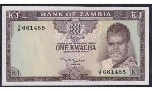 Замбия 1 квача ND (1969 год) (ZAMBIA 1 kwacha ND (1969)) P 10a: UNC