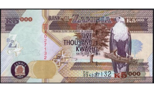 Замбия 5000 квача 2009 год (ZAMBIA 5000 kwacha 2009 g.) P45e:Unc