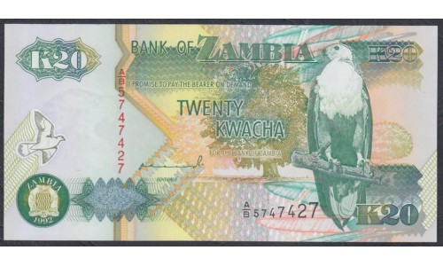 Замбия 20 квача 1992 год (ZAMBIA 20 kwacha 1992) P 36a: UNC