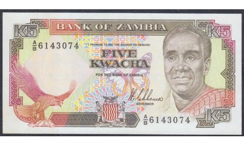 Замбия 5 квача ND (1989 год) (ZAMBIA 5 kwacha ND (1989) P 30a: UNC