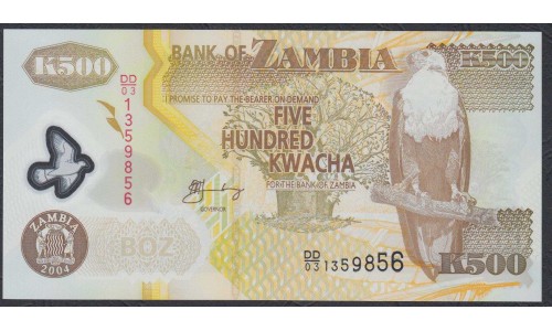 Замбия 500 квача 2004 года, полимер (ZAMBIA 500 kwacha 2004, polymer) P43c: UNC