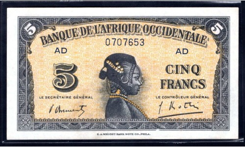 Французская Западная Африка 5 франков 1942 года (BANQUE DE L'AFRIQUE OCCIDENTALE 5 francs 1942) Р 28b: UNC