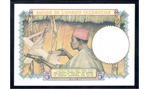 Французская Западная Африка 5 франков 1939 г. (BANQUE DE L'AFRIQUE OCCIDENTALE 5 francs 1939) Р 21(6): UNC 