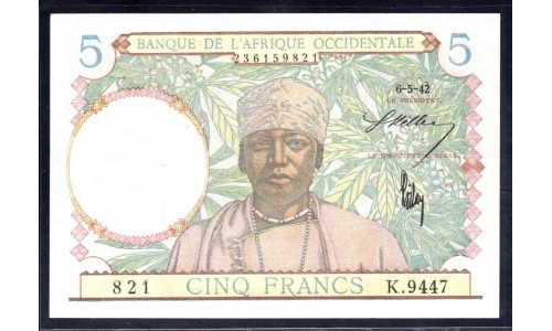 Французская Западная Африка 5 франков 6.5. 1942 г. (BANQUE DE L'AFRIQUE OCCIDENTALE 5 francs 6.5. 1942) P 25(4): UNC