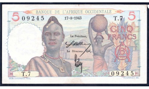 Французская Западная Африка 5 франков 1943 г. (BANQUE DE L'AFRIQUE OCCIDENTALE 5 francs 1943) Р 36: UNC