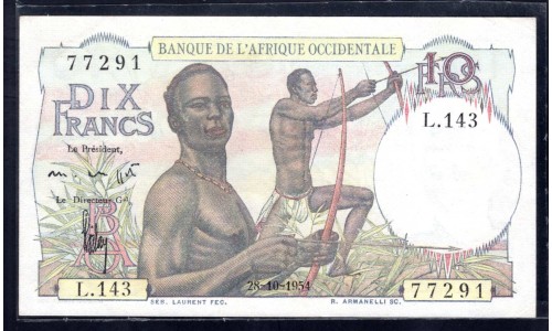 Французская Западная Африка 10 франков 1954 г. (BANQUE DE L'AFRIQUE OCCIDENTALE 10 francs 1954) Р 37: aUNC