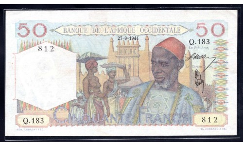 Французская Западная Африка 50 франков 1944 (BANQUE DE L'AFRIQUE OCCIDENTALE  50 francs 1944) Р 39:  UNC