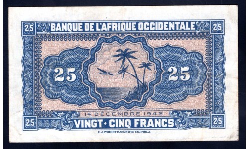 Французская Западная Африка 25 франков 1942 г. (BANQUE DE L'AFRIQUE OCCIDENTALE 25 francs 1942) Р 30a: XF