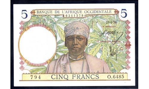 Французская Западная Африка 5 франков 1939 г. (BANQUE DE L'AFRIQUE OCCIDENTALE 5 francs 1939) Р 21(6): UNC 
